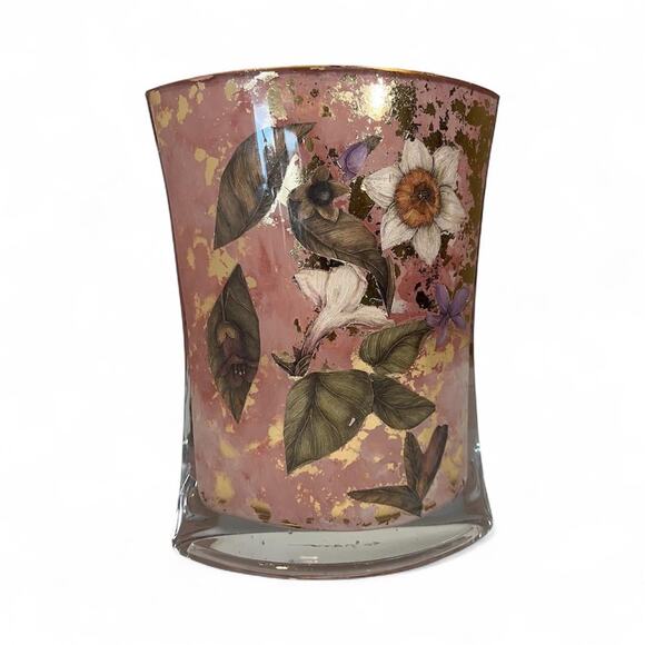 Floral Collage Pink Glass Vase with Gold Flakes, Signed Art Vase - Picture 1 of 5